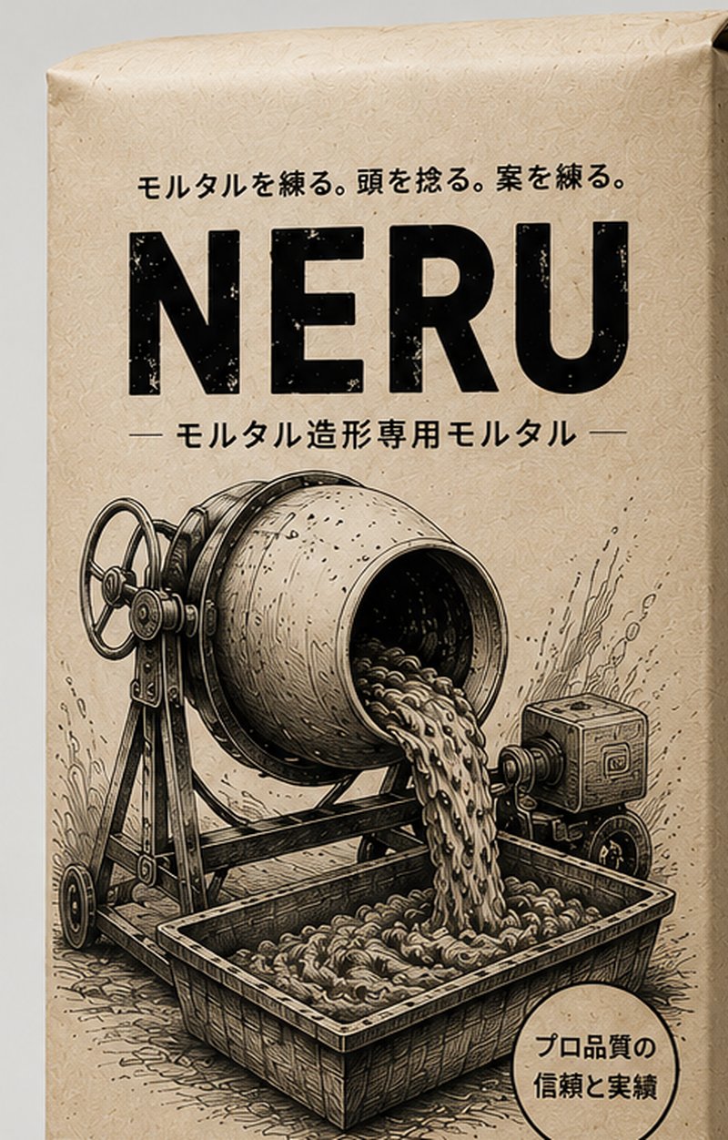 自社開発モルタル「NERU」(モルタル造形専用モルタル)の製品パッケージ